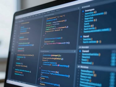 Close-up of code and data visualization charts on a glowing screen, professional cool blue tone