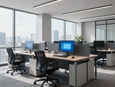 Clean modern office workspace with natural daylight, structured architectural lines, professional environment