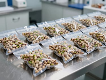 Vacuum-sealed bulk packaging of graded pistachios on a stainless steel inspection table inside a high-tech laboratory, crisp daylight, sharp focus.