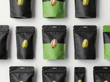 Macro flat-lay of premium stand-up pistachio pouches in matte black and green packaging, clean studio lighting, neutral background