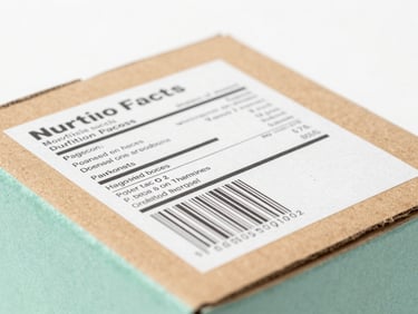 Close-up of a high-resolution barcode and nutrition facts label on a premium cardboard box, clinical studio setting, sharp focus