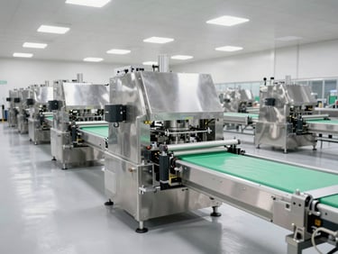 Wide-angle industrial facility shot of automated sorting lines and stainless steel machinery in a modern agricultural processing plant, bright clean clinical lighting, sharp focus.