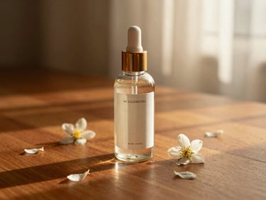 Warm editorial shot of a clear glass bottle of orange blossom hydrosol mist, delicate white petals on a cedarwood table, soft light, 35mm