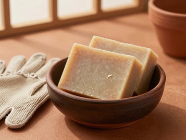 Warm editorial shot of a dark clay bowl filled with rich eucalyptus beldi soap, raw textured kessa glove beside it, terracotta tones, 35mm