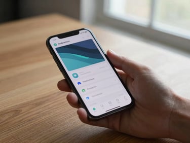 Close-up of an Android phone held in one hand on a wooden desk, a calm productivity app interface visible on screen, natural morning window light, soft shadows