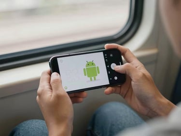 Hands holding an Android phone on a transit seat, a calm puzzle game with minimal UI visible on screen, soft diffused daylight through a window, relaxed atmosphere