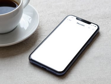 Android phone resting on a light linen surface beside a morning coffee cup, a clean note-taking app open on screen, overcast natural daylight, no harsh shadows
