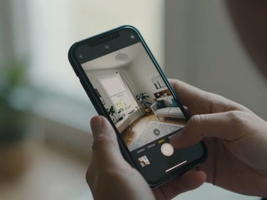 Close-up overhead of a smartphone screen displaying a living room photo being uploaded, hands holding the phone steady, soft natural window light, muted graphite and off-white tones