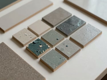 Close-up of a material sample board with paint chips, small tile squares and a flooring strip arranged on an off-white surface, overhead shot, soft diffused natural light, no text visible