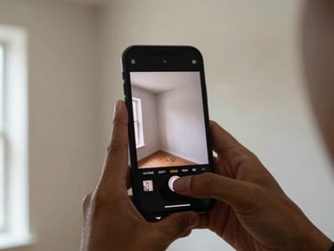 Close-up overhead shot of hands holding a smartphone displaying a room photo upload interface, off-white plaster walls visible in the background, soft window light, no people's faces, architectural and precise framing