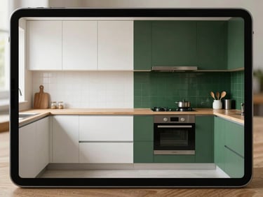 Straight-on view of a tablet screen showing a before and after split-screen rendering of a kitchen, left side original white tiles, right side deep green backsplash, soft daylight, architectural framing, no people