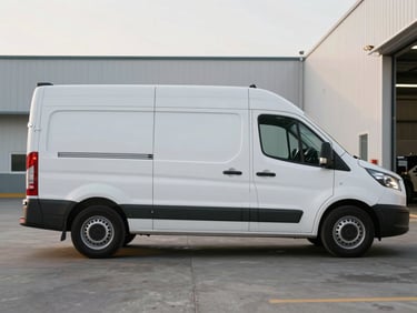 A clean white utility delivery van parked in front of a modern warehouse, side profile view, soft early morning light