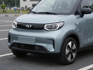 A modern microcar parked on a clean asphalt lot, close-up on the front grill and headlights, overcast lighting, professional automotive photography