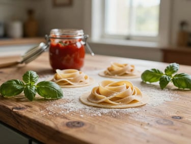 Warm editorial close-up of fresh artisanal pasta, tomato sauce jar, and fresh basil on a rustic wooden counter, soft evening light, shallow depth of field