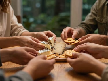 Warm editorial photography of friends hands sharing local cheese and crackers around a table, glowing warm lighting, cozy atmosphere