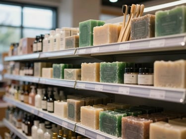 Elegant display of natural soaps, bamboo toothbrushes, and small toiletries in a well-lit modern grocery aisle, glowing evening window light, rich forest green and beige tones, shallow depth of field, 35mm