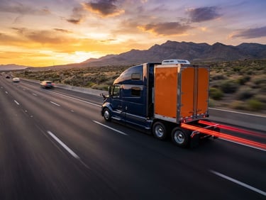 A modern semi-truck moving at speed on a wide American highway during golden hour, long exposure tail lights, crisp commercial photography, high contrast navy and orange tones.