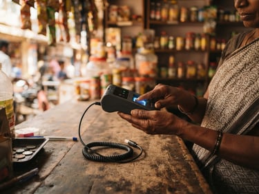 Medium close-up of hands holding a biometric AEPS terminal on a wooden shop counter, warm ambient light from a local Indian kirana store, shallow depth of field, 35mm lens