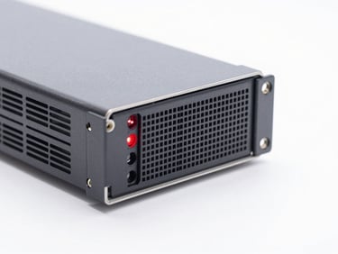Macro close-up of high-end server hardware, bright high-key studio light, crisp shadows, pure white backdrop, sharp red status light, 50mm