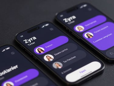 Tight macro shot of Zyra AI fashion recommendation interface, showcasing sleek dark cards, modern typography, and vibrant purple recommendation highlights