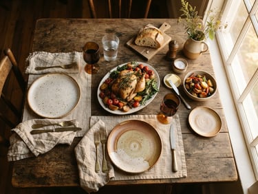 Overhead shot of a rustic wooden table set for dining, handmade ceramic plates, linen napkins, warm golden hour light pouring from a window, rich shadows, 35mm