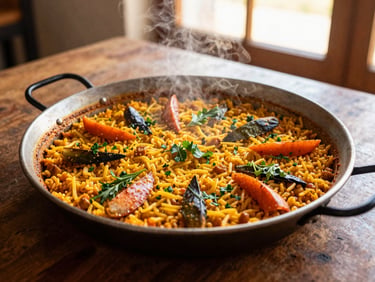 Overhead shot of a paella pan filled with vibrant vegetable rice, steam rising, fresh herbs, natural golden light, rustic table.