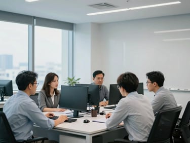 Medium shot of a professional Malaysian corporate office, clean architectural lines, cool daylight, focused technical team collaborating, 35mm