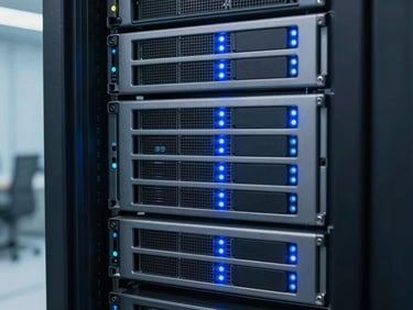 Close-up of secure server rack hardware with blue ambient indicator lights in a clean enterprise data center environment, 35mm
