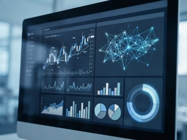 Clean macro shot of a secure web portal interface showing data-driven dashboard panels, cool office daylight with subtle blue ambient accents, professional, 35mm
