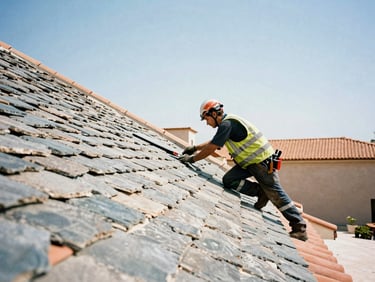 Worker in safety gear replacing a slate tile on a steep roof, bright Mediterranean daylight, rugged documentary style