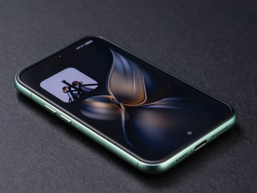 Angled 3/4 close-up of a flagship Android foldable device displaying custom fluid UI animations, sharp electric-mint edge reflections on the dark glass, moody low-key studio lighting, dark slate background.