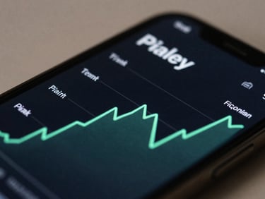 Close-up of a Pixel device displaying a dark-mode financial application with mint accent lines and fluid line charts.