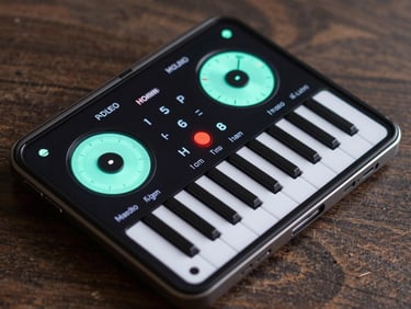 Angled close-up of a foldable Android device showcasing an audio synthesizer interface with neon mint dials.