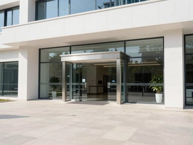 Bright modern residential building lobby, clean tiled floor, glass entrance, natural daylight