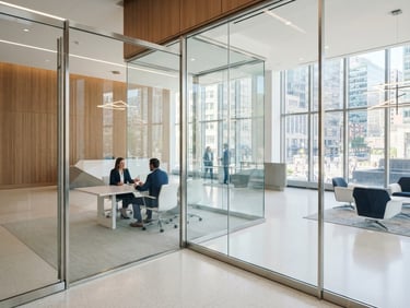 Clean editorial photography, bright natural daylight, pristine modern office lobby with glass partitions reflecting light, sharp focus, 35mm