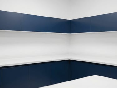 Pristine medical cabinet waiting room, clean surfaces reflecting light, minimalist modern design