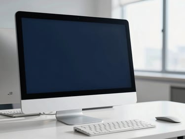 Close-up of a dust-free modern office desk, pristine computer screen, natural light, clean corporate setting