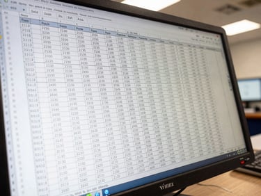 Vista superior em ângulo de uma planilha de engenharia de alta precisão em tela de monitor, com colunas de dados de cabos elétricos e prazos de concessionárias, iluminação técnica de escritório.