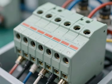 Detalhe macro de cabos elétricos industriais perfeitamente organizados e disjuntor de proteção geral em padrão de entrada homologado de subestação.