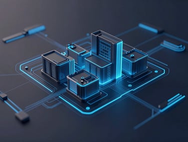 Technical architectural blue lines morphing into a clean dark web interface mockup, glowing electric blue accents, sharp focus, 3d render