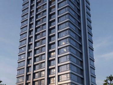 Photorealistic 3D architectural render of a high-rise residential building facade, modern steel and glass, twilight lighting.
