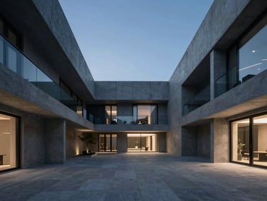 Photorealistic 3D architectural render of a modern residential complex courtyard, clean concrete lines, dramatic lighting.