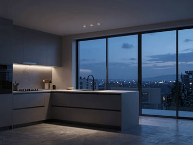 Photorealistic 3D architectural render of a luxury apartment interior, minimalist kitchen, cool blue twilight view from window.