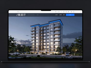 Frontal view of an interactive real estate website on a dark screen, displaying a photorealistic 3d apartment render with a virtual tour interface, electric blue highlights, dark background