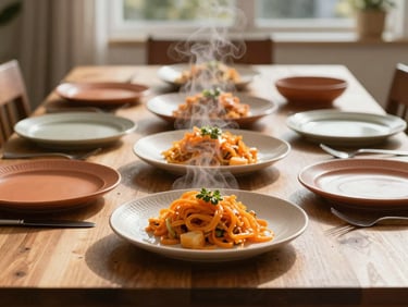 A beautifully set wooden dining table under warm natural light, elegant plates with textured functional dishes, steam rising, natural morning daylight.