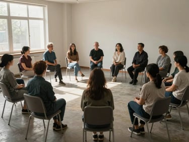 Wide shot of a small group therapy circle in a plainly furnished room, natural daylight from a side window, empty chairs visible around the perimeter, no faces shown — focus on the spatial arrangement and the quality of light