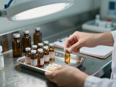 Close-up of a nurse's hands preparing a medication tray on a stainless steel surface under fluorescent clinical light, amber glass vials and a clipboard visible, honest documentary framing