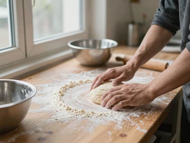 Hands working dough on a flour-dusted wooden counter inside the facility bakery, north-facing window light, a metal bowl and rolling pin visible, close environmental framing showing the work surface and activity