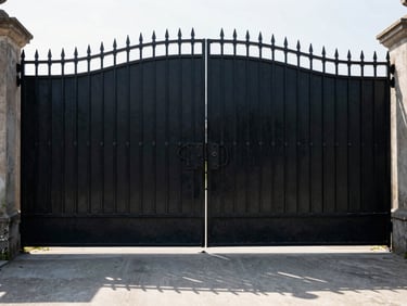 Wide symmetrical shot of a heavy black iron estate gate, high-contrast midday sun casting sharp geometric shadows on concrete