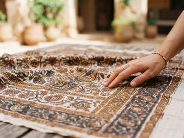 Close-up of intricate hand-block printed cotton fabric, warm editorial photography, soft natural courtyard daylight, rich textile textures, warm earth tones, shallow depth of field, 35mm, with a woman's hand gently touching it on the right side.